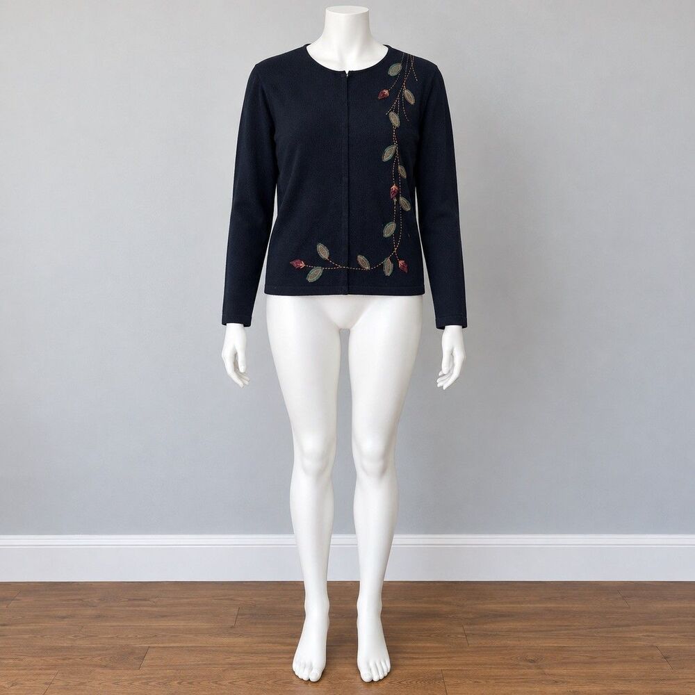 Charter Club Womens L Black Floral Embroidered Cardigan Sweater NWT